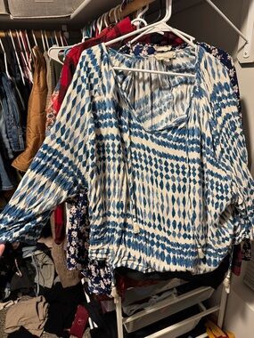 Love Stitch Blue and White Ikat Peasant Blouse